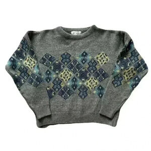 Men's Vintage Reunion Menswear Gray Patterned Wool Sweater Grandmacore Size S